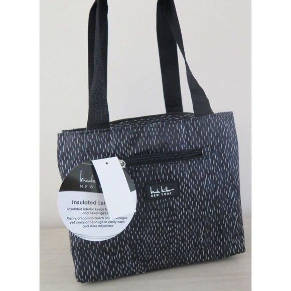Nicole Miller New York N4684-01L Black/Wht Dashed Line Insulated 11" Lunch Tote - Picture 1 of 12